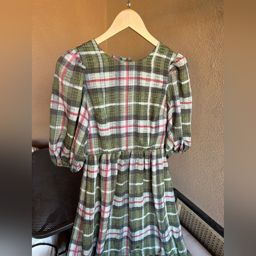 All Saints High Low Dress in Green and Red Plaid - Picture 3 of 10